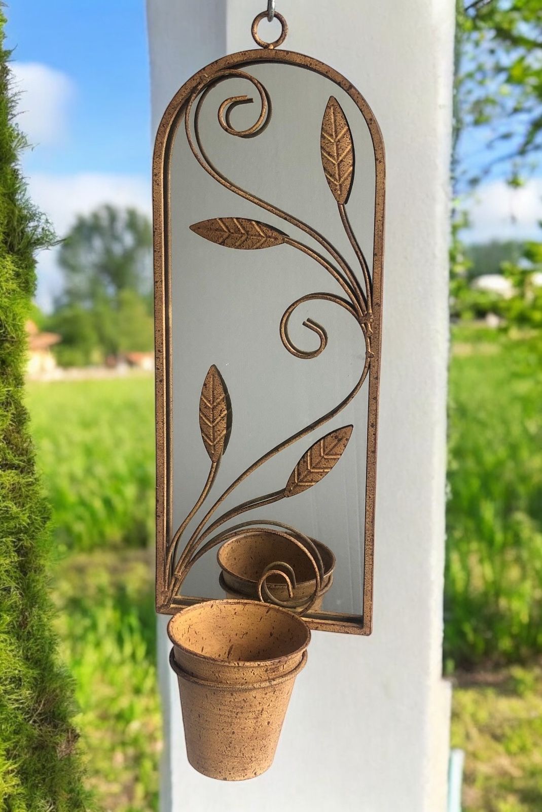 MSL 56cm Antique Finish Metal Wall Mirror with Plant Holder and Pot