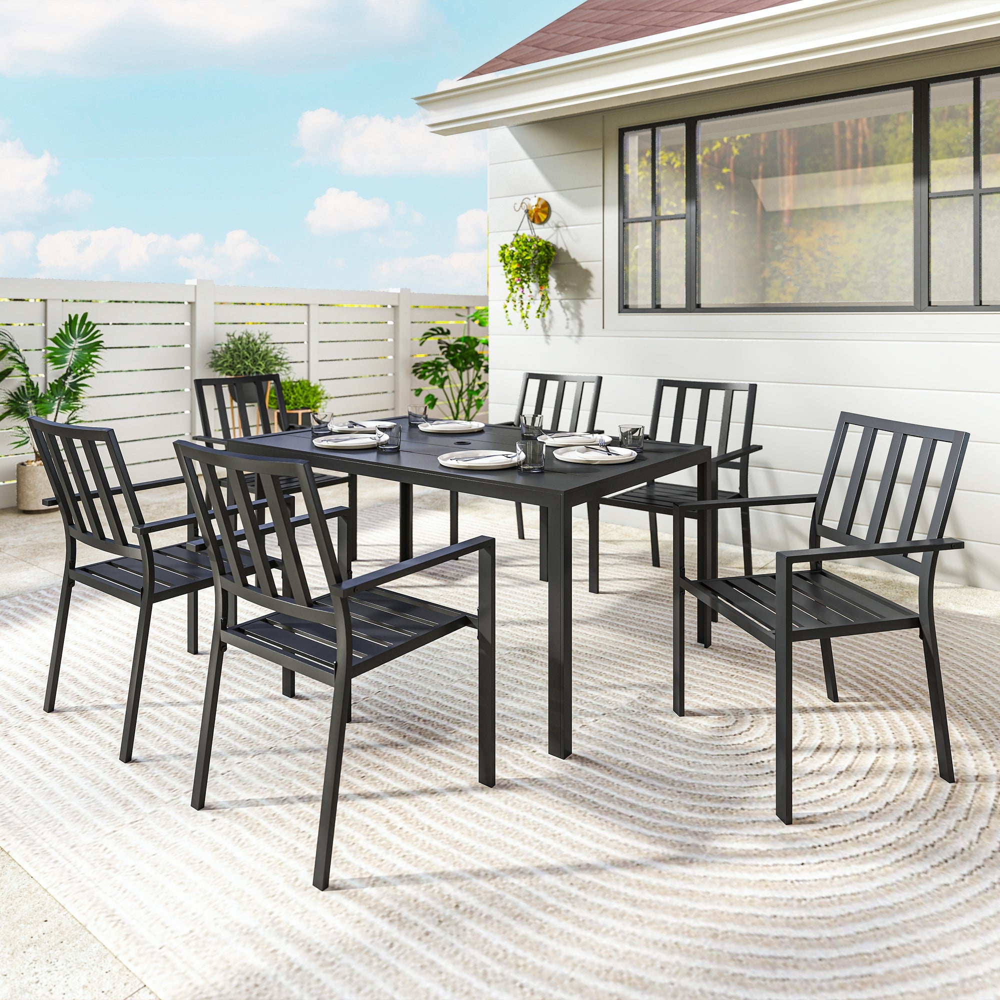 Outsunny 7 Piece Outdoor Garden Dining Set with Metal Table and 6 Stackable Armchairs, Black