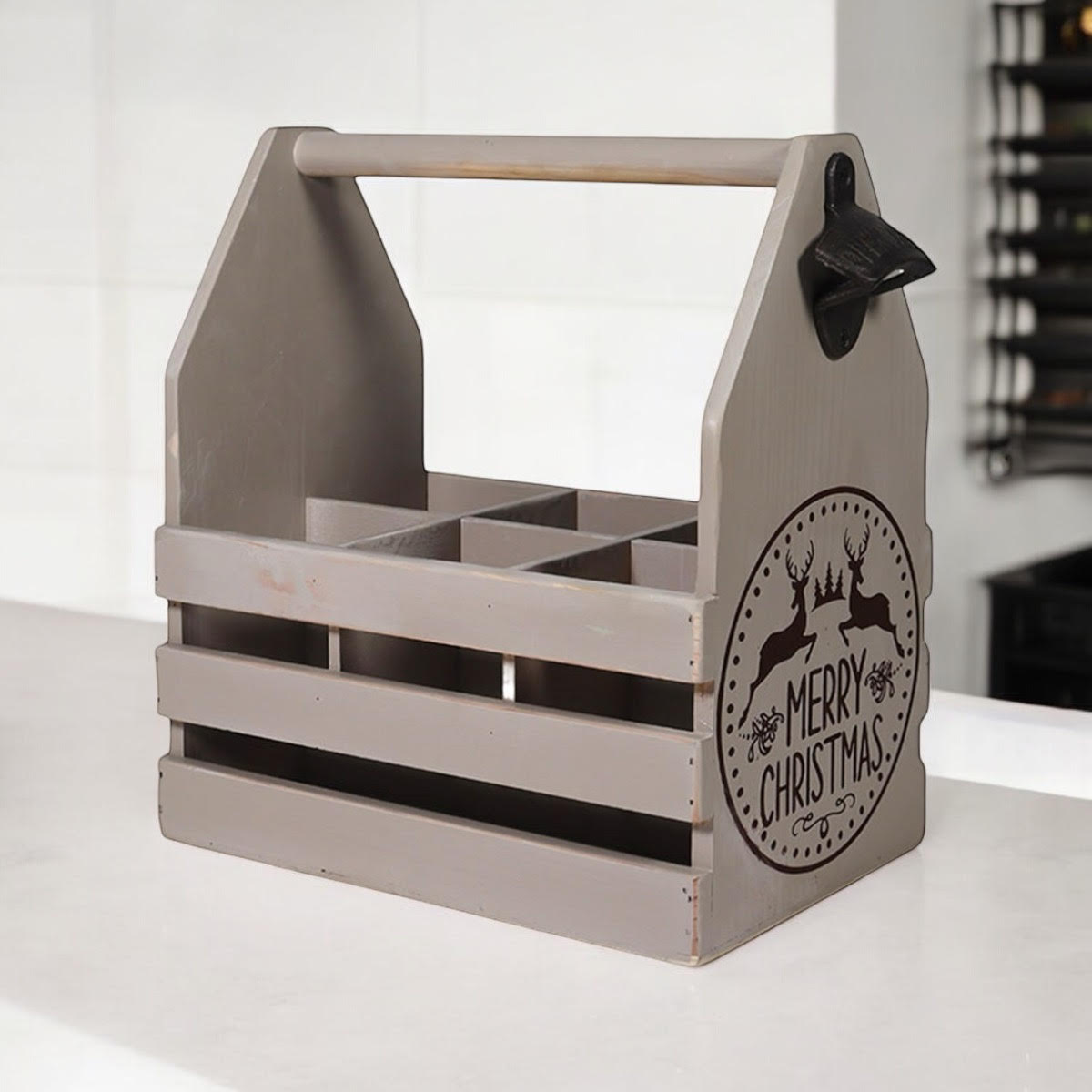 Rustic Grey 6-Bottle Holder with Opener, Hand Finished