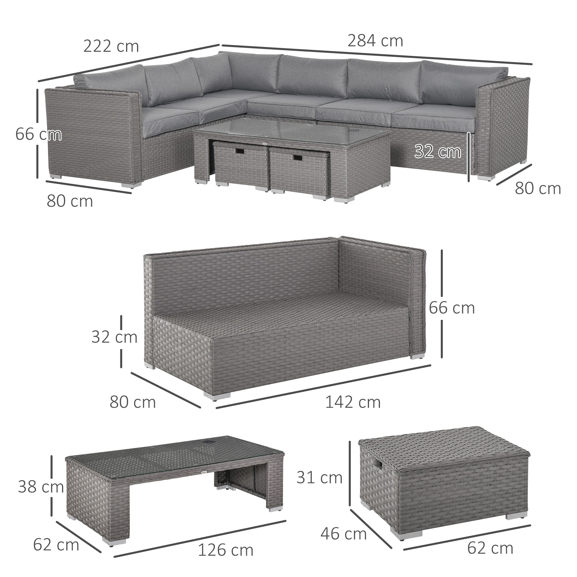 Outsunny 6-Piece Outdoor PE Rattan Corner Sofa Set, Table & Footstools - Grey