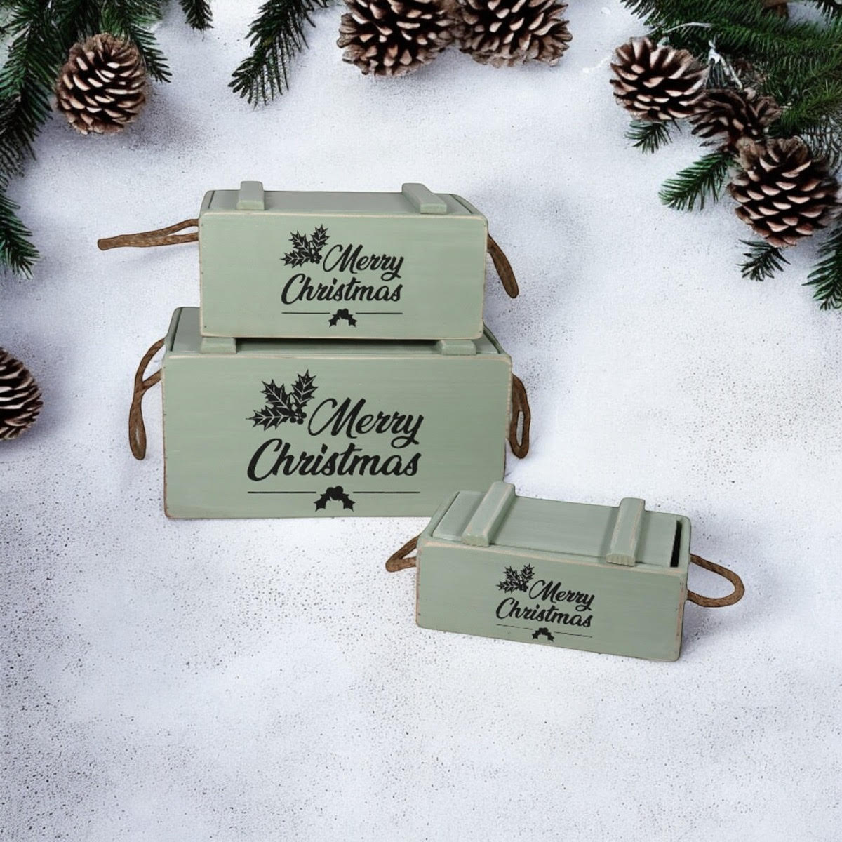MSL Set of 3 Rustic Green Wooden Christmas Crates with Lids and Rope Handles, Hand Finished