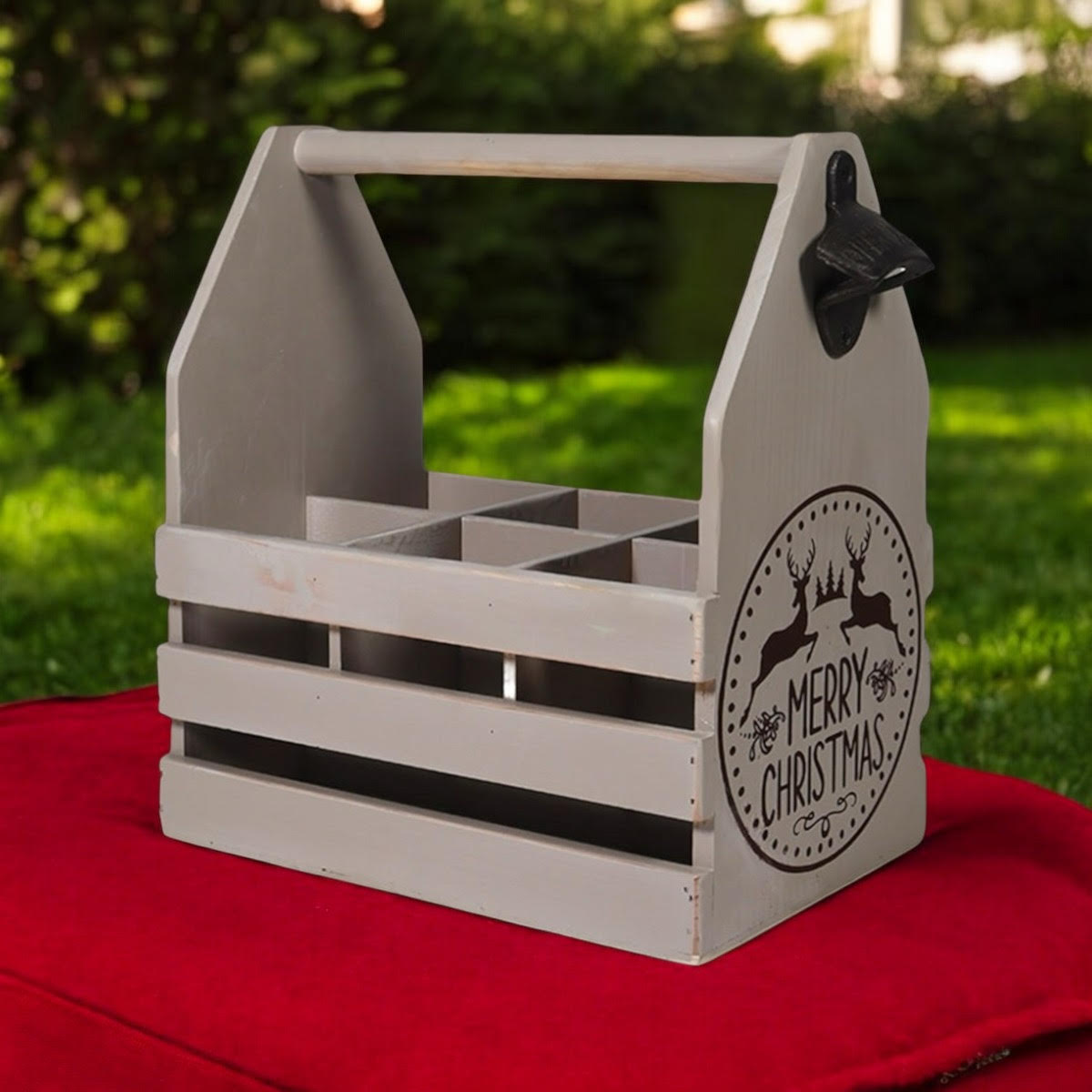 Rustic Grey 6-Bottle Holder with Opener, Hand Finished