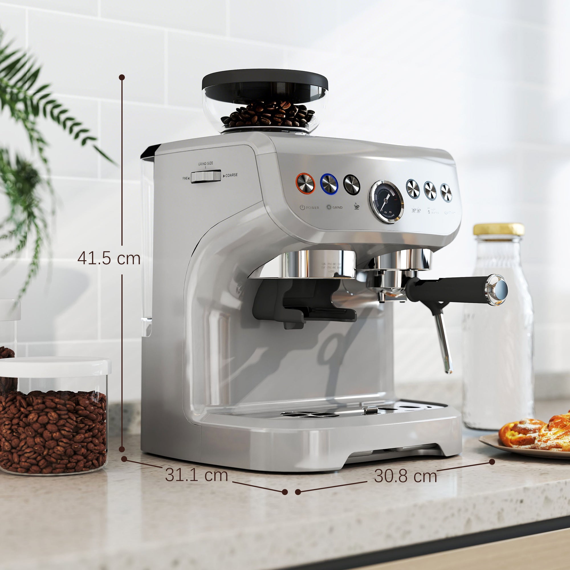 HOMCOM Espresso Machine with Bean Grinder, Steam Wand, 15 Bar, Silver