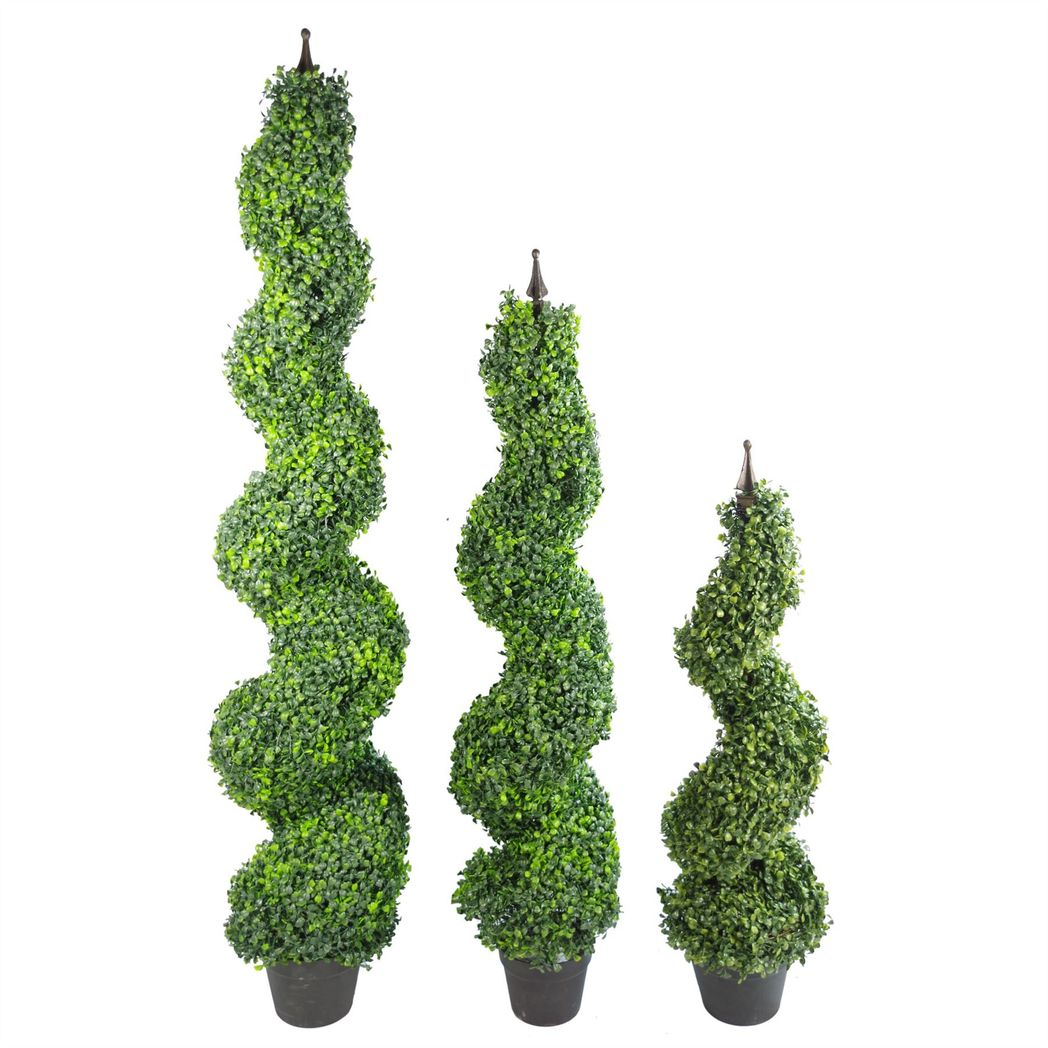 Leaf Pair of 120cm (4ft) Tall Artificial Boxwood Tower Topiary Spiral Trees, Potted