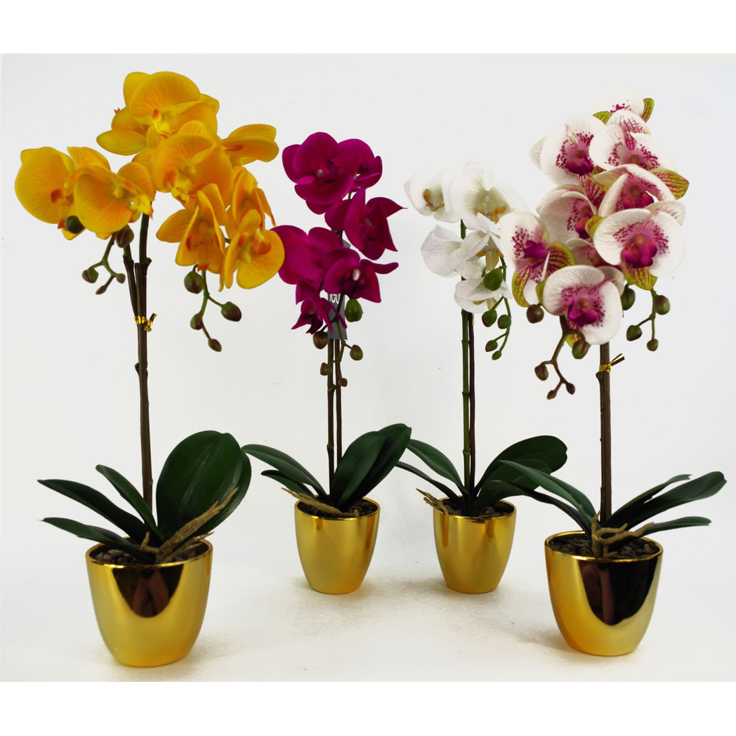 Leaf 46cm Artificial Orchid White/Gold Real Touch in Decorative Plastic Pot