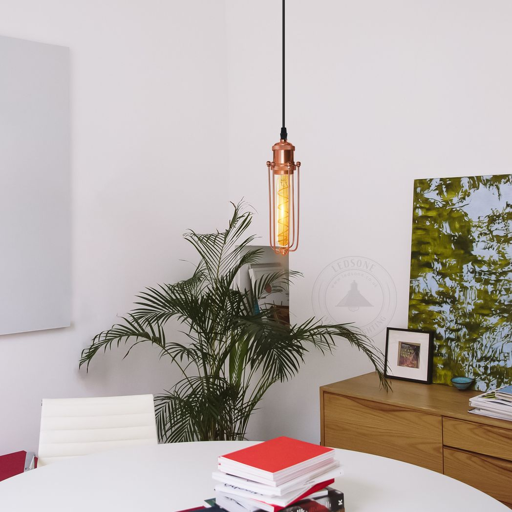 Single Rose Gold Ceiling E27 Pendant Light with Wire Cage, Industrial Vintage Hanging Lamp Fixture