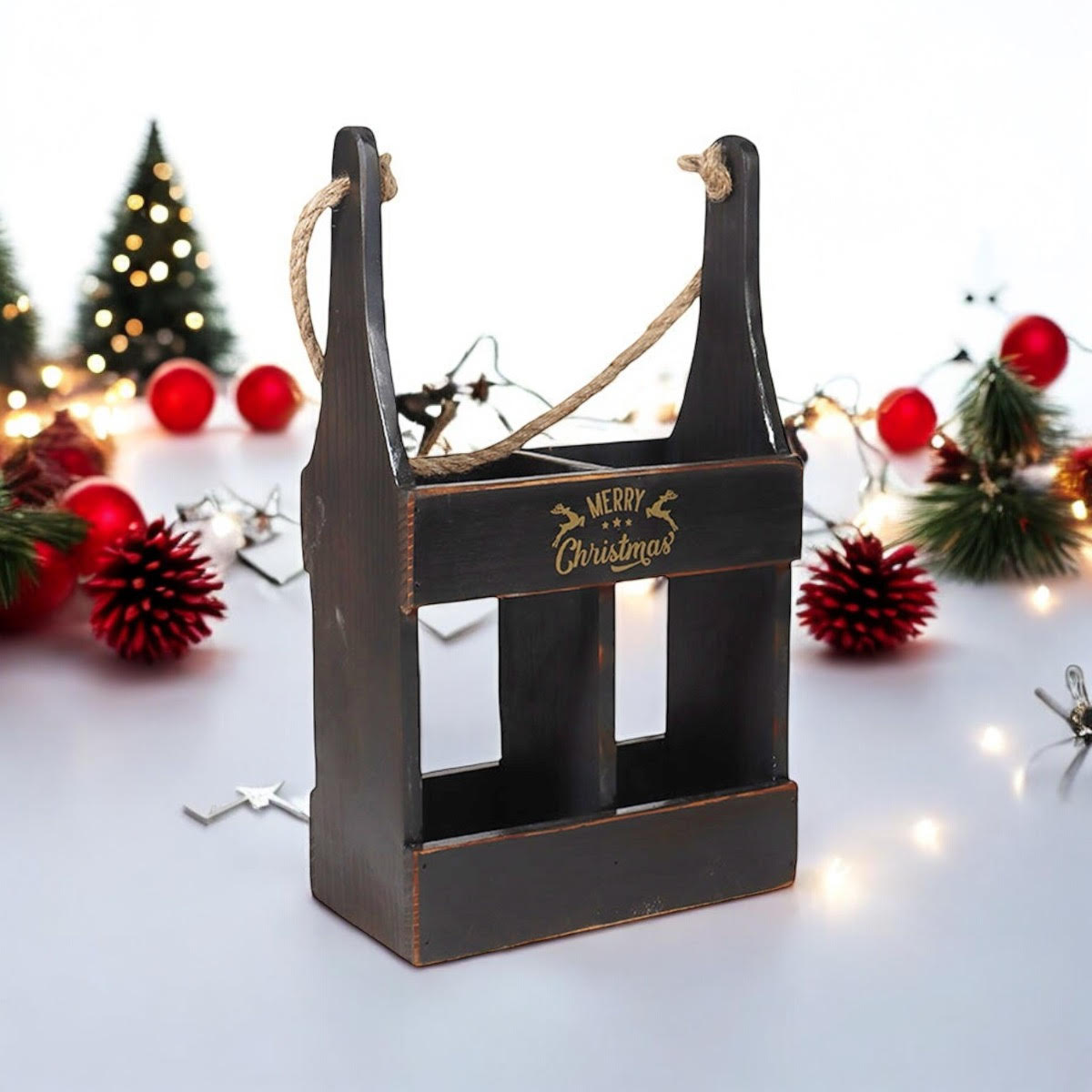 39cm Black Wooden 2 Bottle Hand Finished Wine Caddy