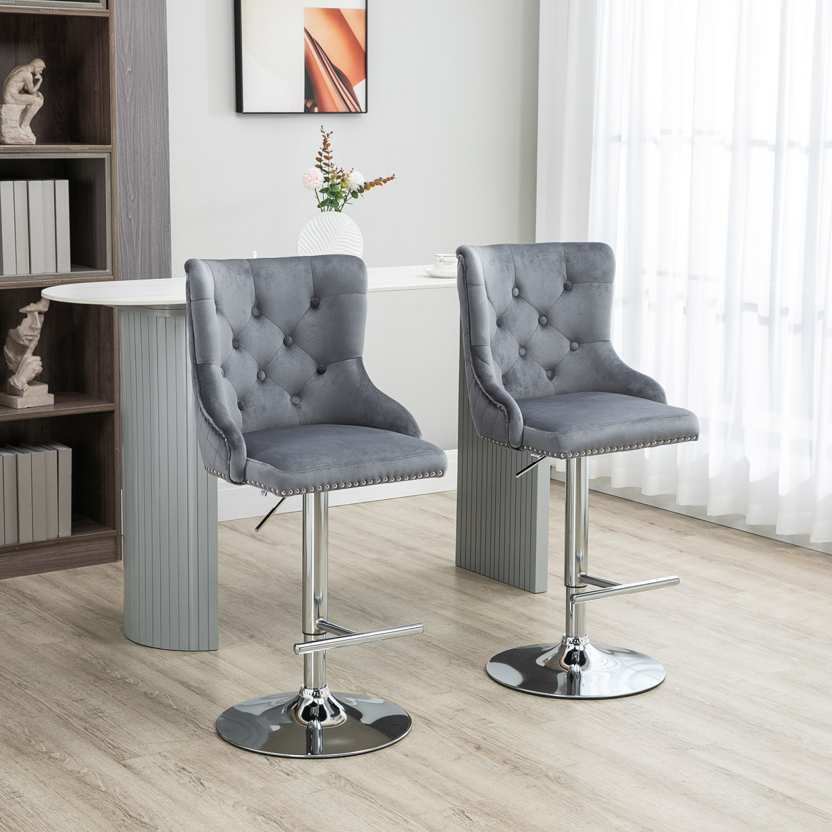 HOMCOM Set of 2 Adjustable Swivel Bar Stools with Backrest, Grey