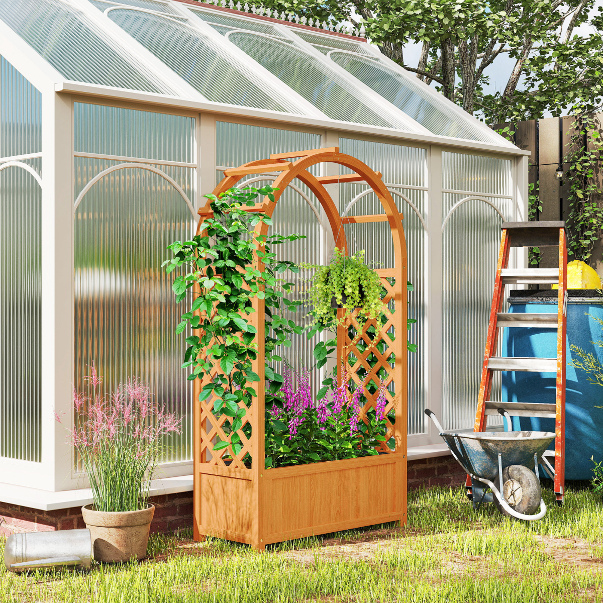 Outsunny Wooden Raised Garden Bed with Trellis & Fabric Liner