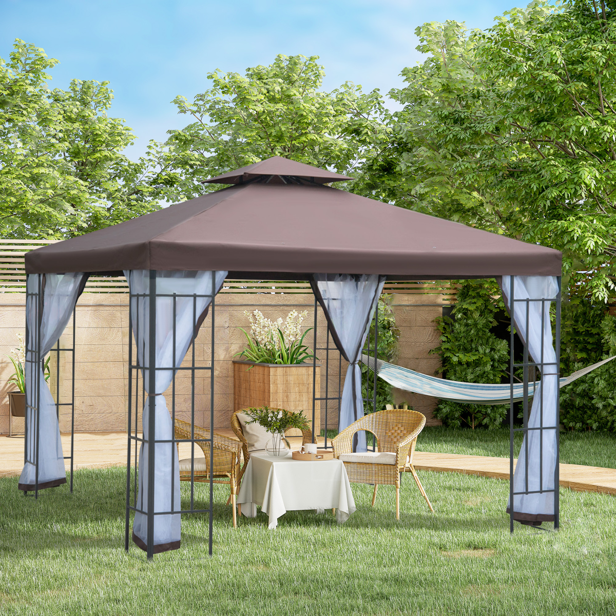 Outsunny 3x3m Garden Gazebo with Two-Tier Ventilated Canopy, 4 Mesh Sidewalls, Steel Frame