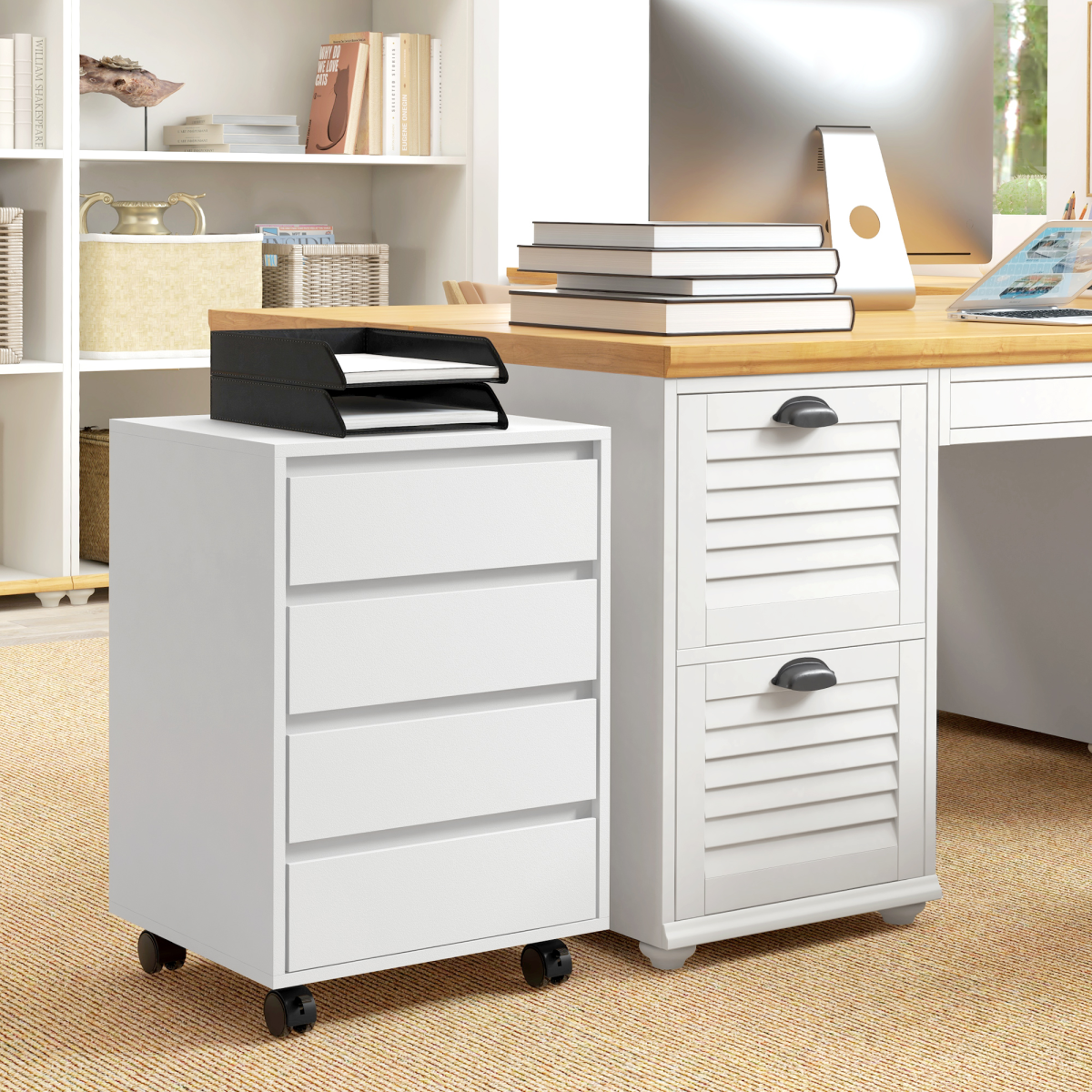 HOMCOM White Mobile Filing Cabinet with 4 Drawers & Lockable Wheels