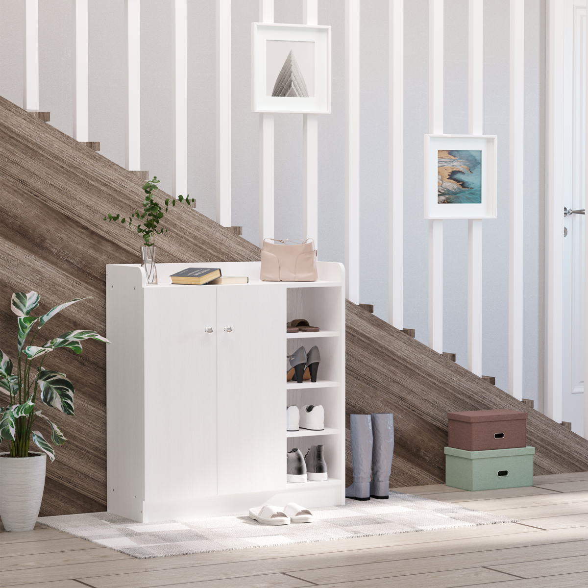 HOMCOM White Shoe Storage Cabinet with 2 Doors, Adjustable 4 Shelves, 4-Tier Shoe Organizer