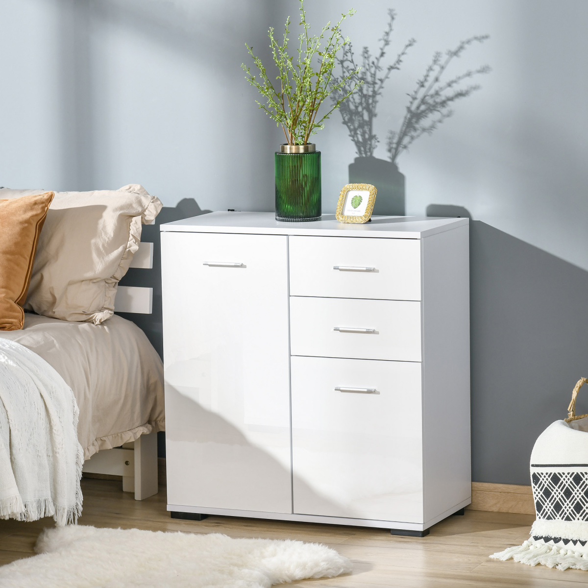 White High Gloss Shoe Cabinet Storage Cupboard with Adjustable Shelf and 2 Drawers