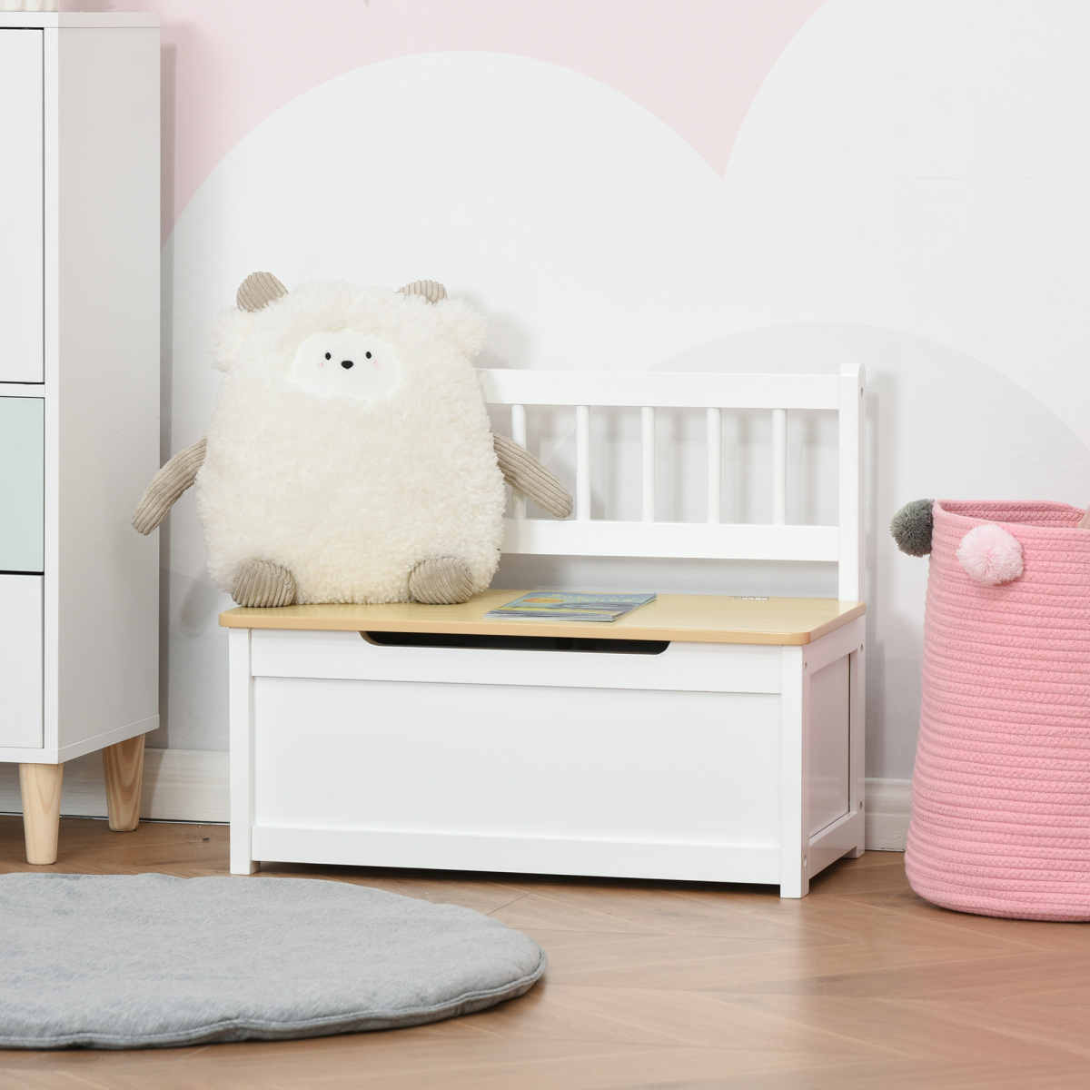 HOMCOM Kids 2-in-1 Wooden Toy Box Bench Storage Chest, White