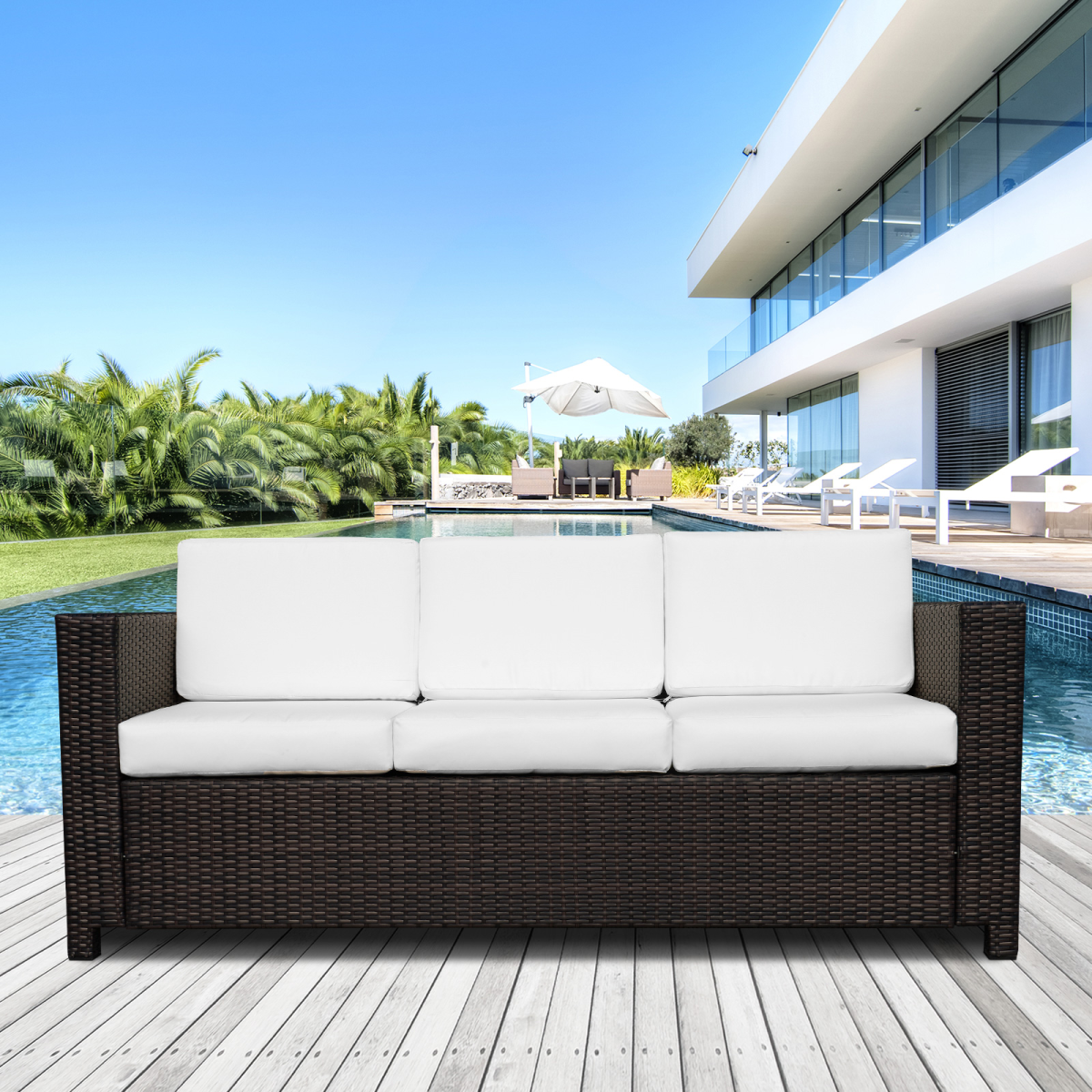 Outsunny 3-Seater Brown Wicker Rattan Sofa with Metal Frame and Cushions Outdoor Garden Patio Furniture
