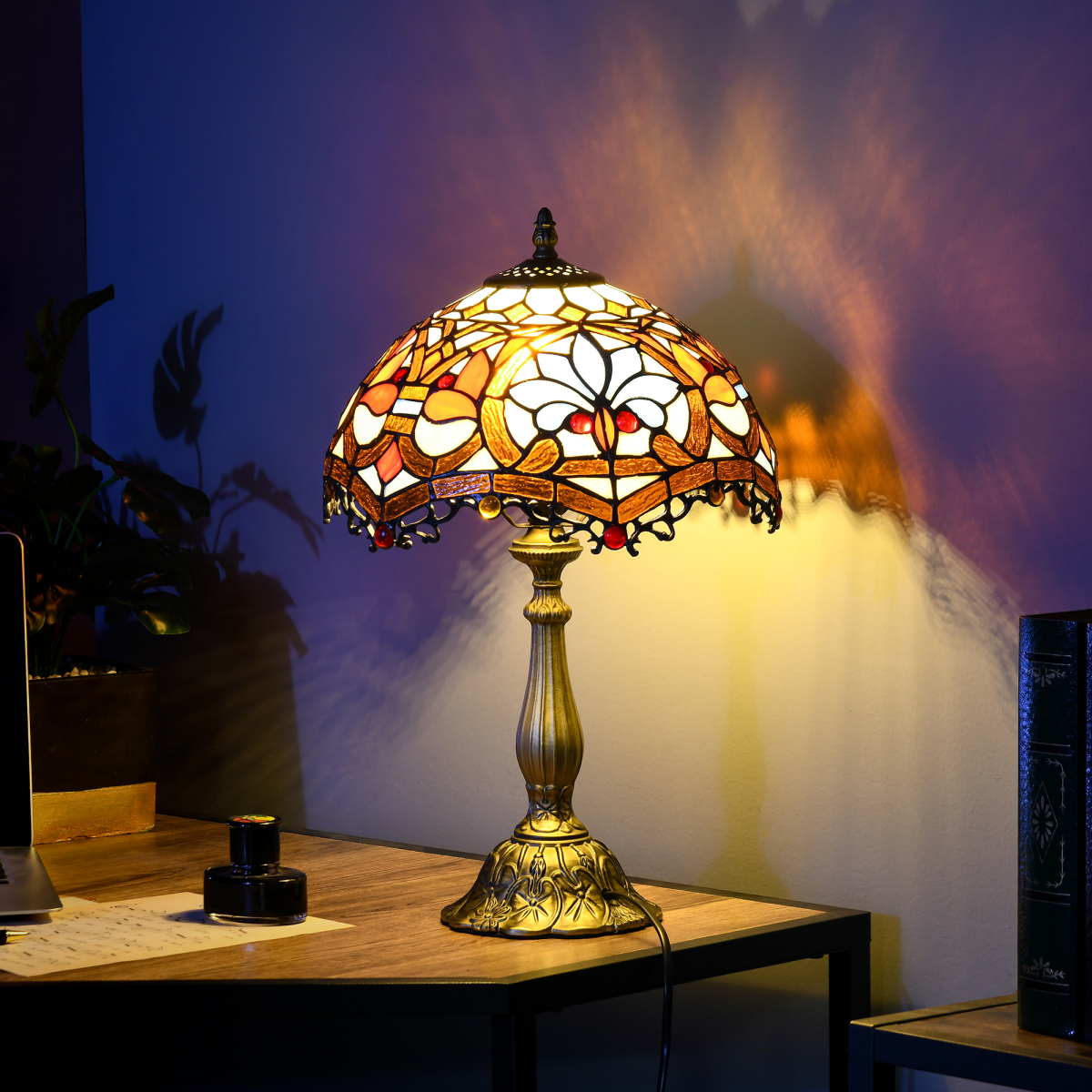 HOMCOM Stained Glass Table Lamp, Antique Sunflower Bedside Lamp, Multi-Colour, E27 Bulb Not Included