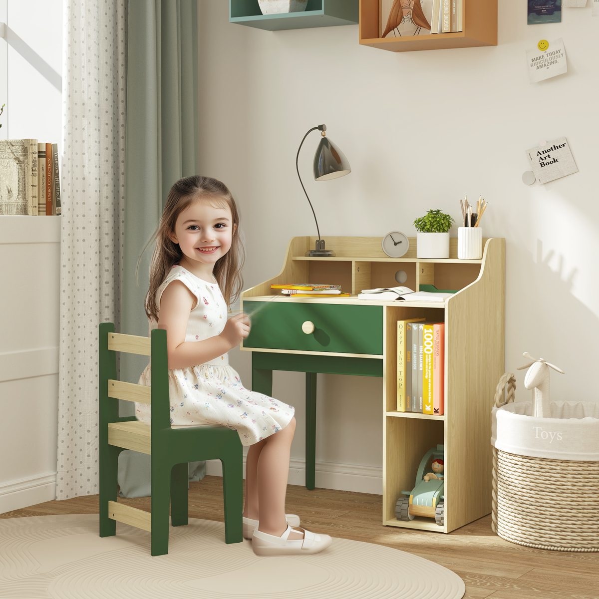AIYAPLAY Kids Desk and Chair Set with Storage Shelf and Drawer, Green