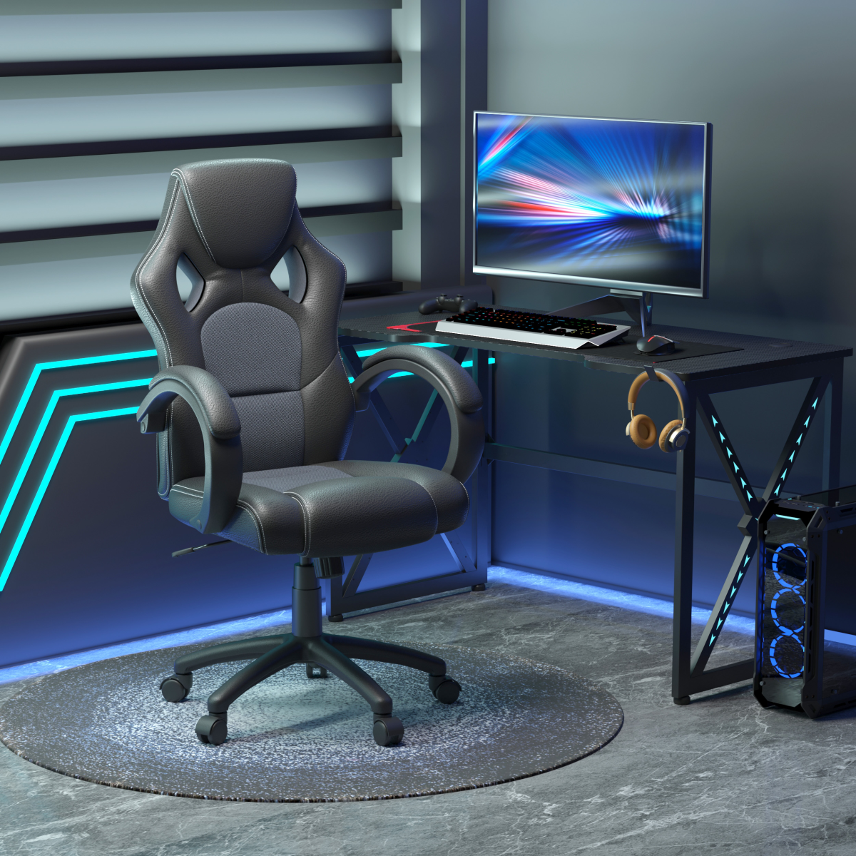 Vinsetto Grey PU Leather Racing Swivel Gaming Office Chair with Headrest