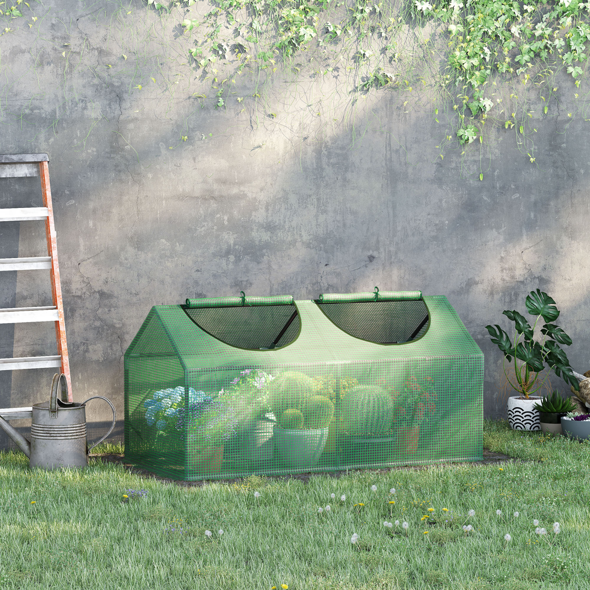Outsunny Mini PE Greenhouse with Zip Windows, 119 x 60 x 60 cm, Bury-In Base