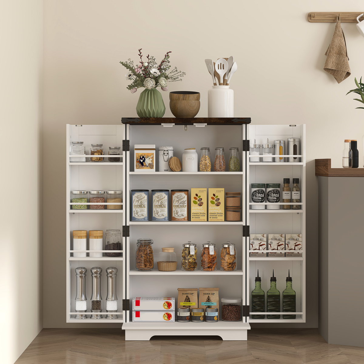 HOMCOM White Farmhouse Storage Cabinet with 4 Adjustable Shelves