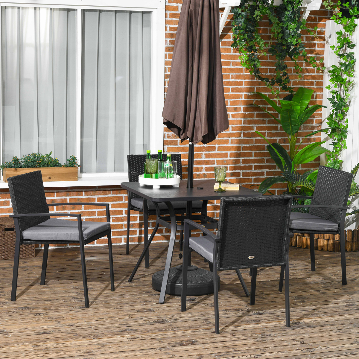 Outsunny 4-Seater Rattan Garden Dining Set with Umbrella Hole - Black