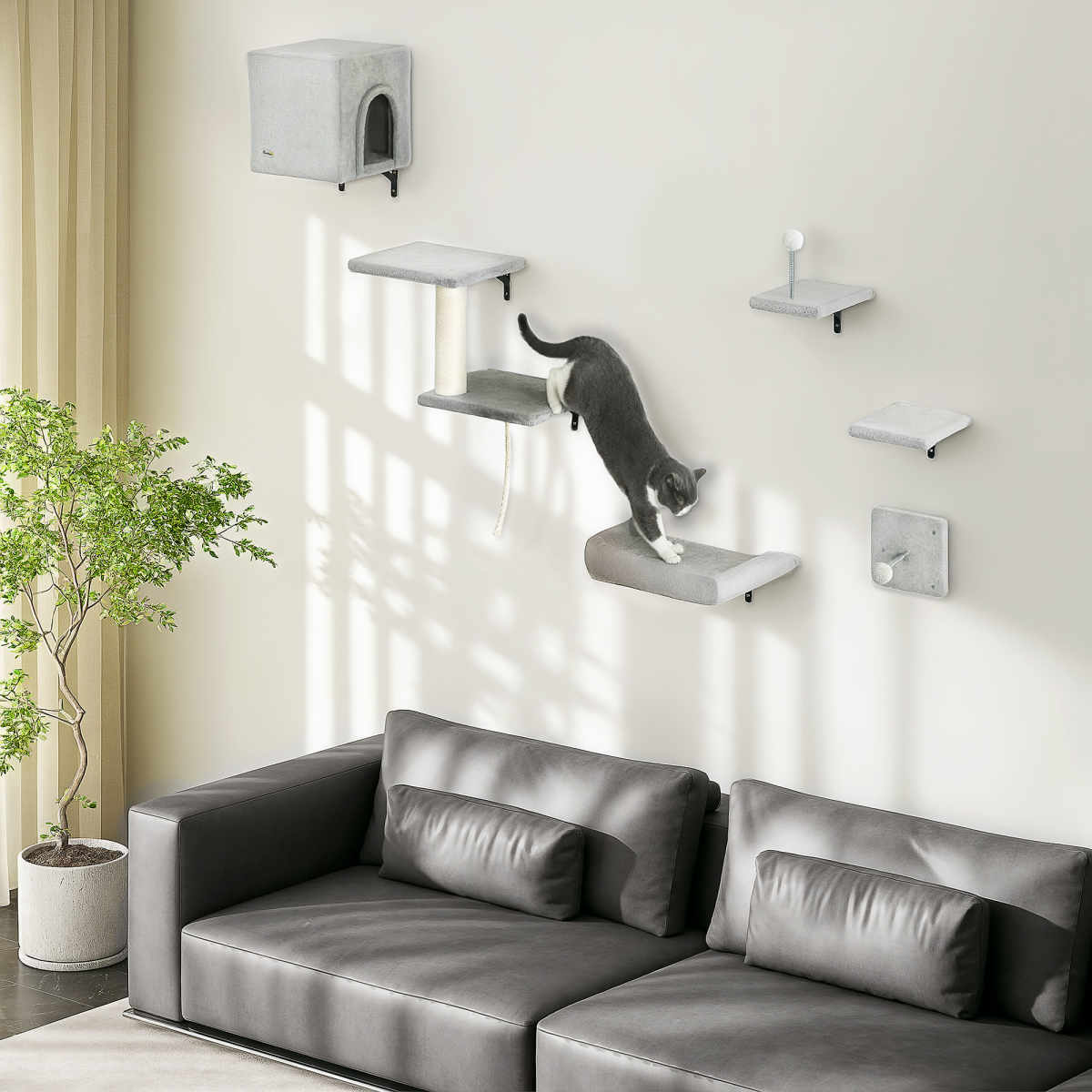 PawHut 6-Piece Wall-Mounted Cat Shelves Set with Condo, Grey