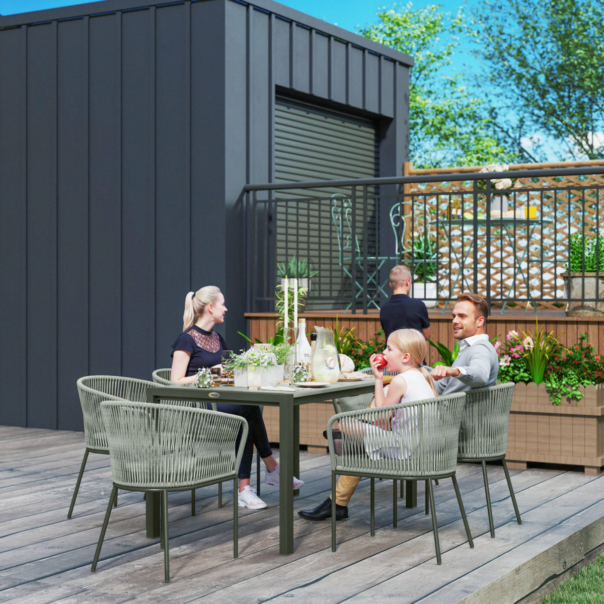Outsunny 6-Seater Grey Rattan Dining Set with Acacia Wood Table and Cushions