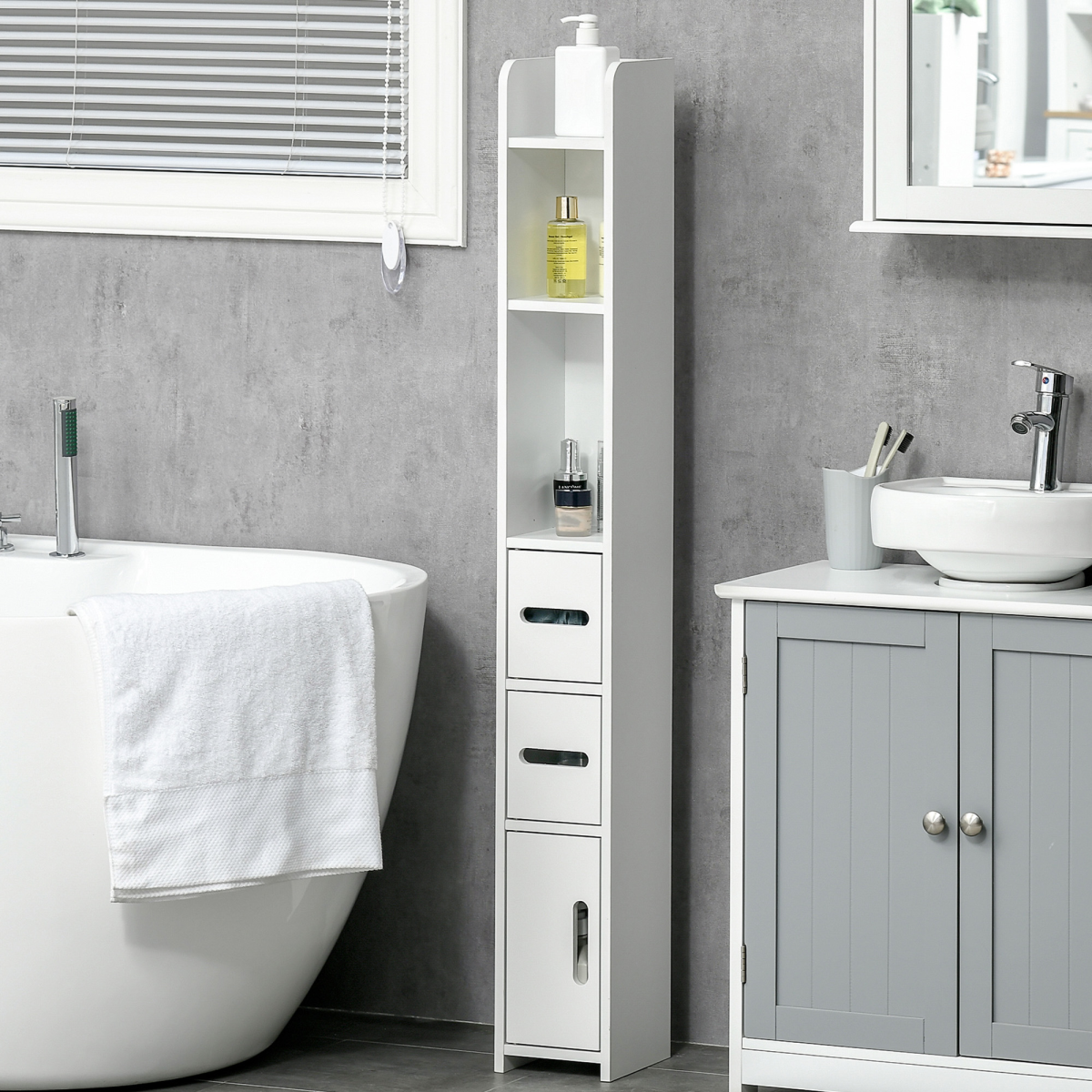 kleankin White Freestanding Bathroom Cabinet with Open Shelves, 3 Cupboards