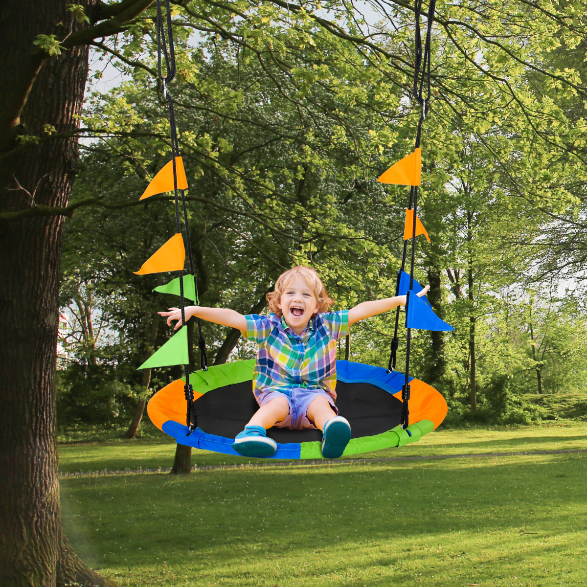 Outsunny Saucer Tree Swing, Metal Tube Frame, Adjustable Rope, Garden Nest Swing