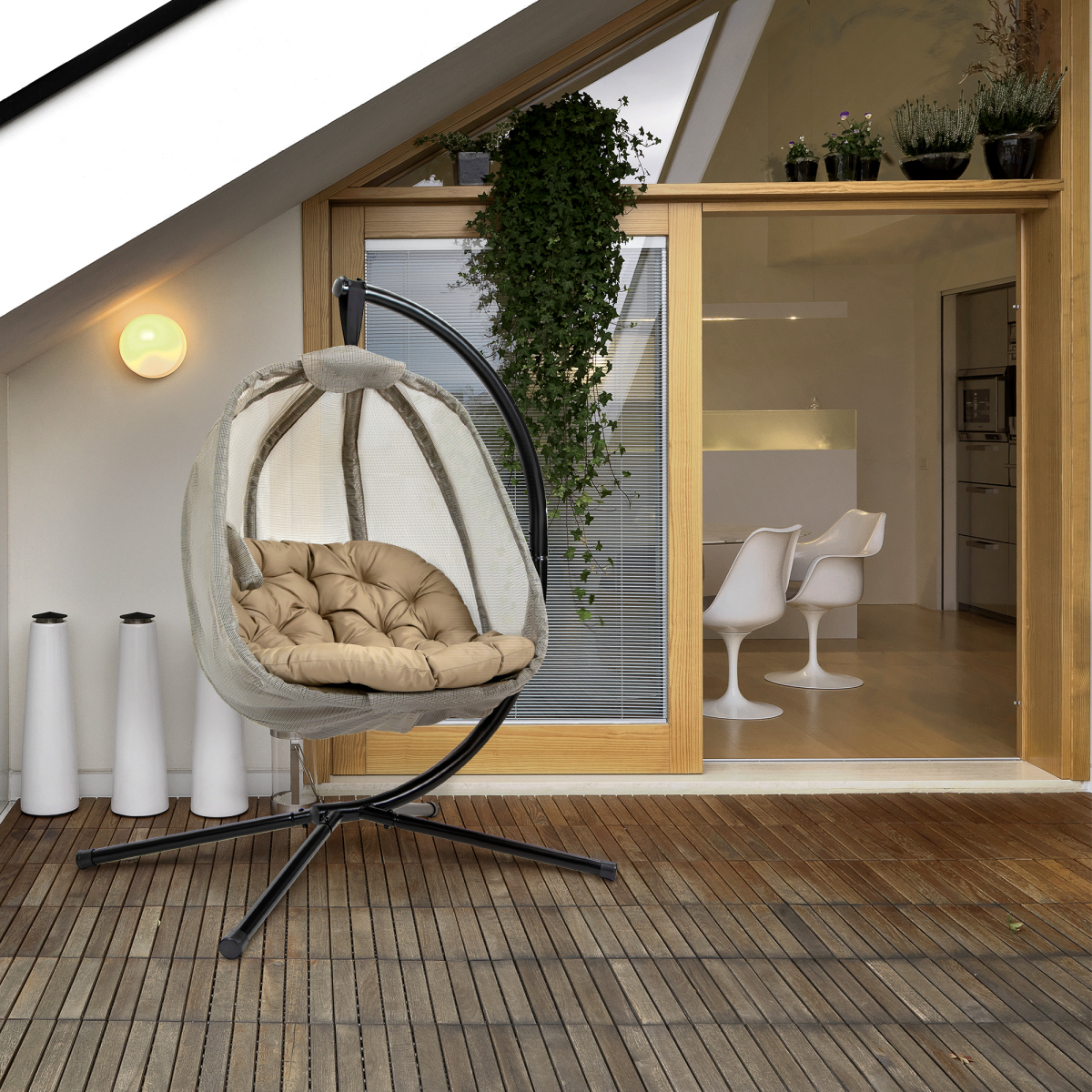 Outsunny Hanging Egg Chair Swing Hammock with Cushion and Stand, Khaki
