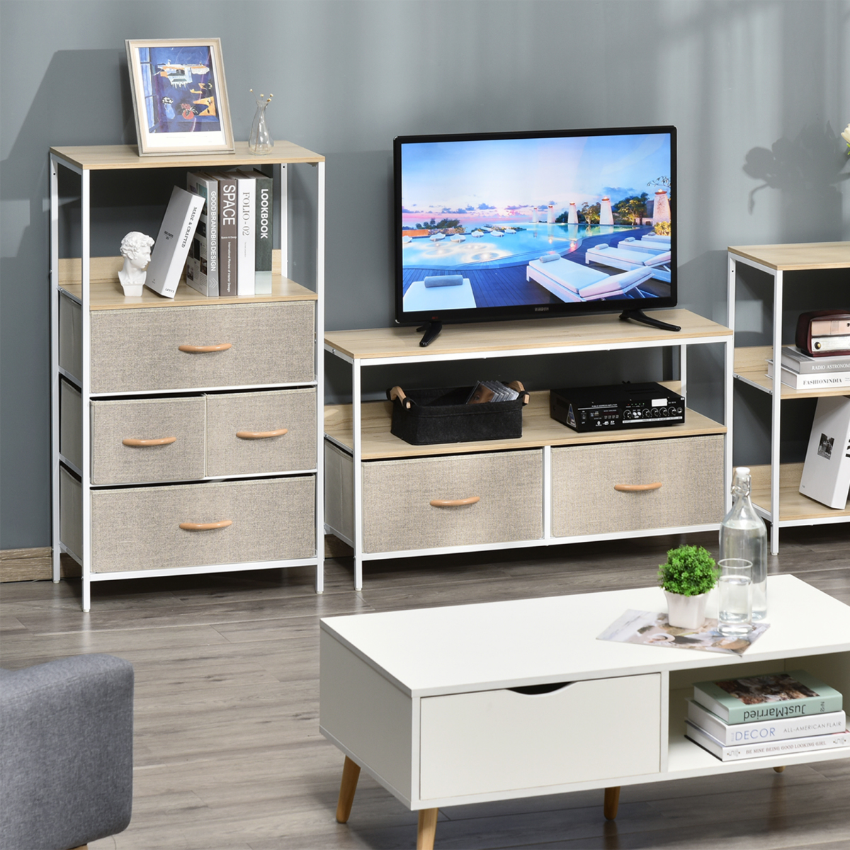 HOMCOM Chest of Drawers with 4 Fabric Bins and 2 Shelves, White