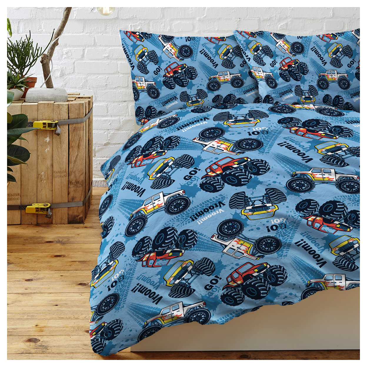 Kids' Duvet Cover Set: Premium Brushed Microfiber Monster Truck Cars Bedding Set - 3-Piece Comfy Cute Vehicles Pattern Double Quilt Cover for Teens Boys Bedroom