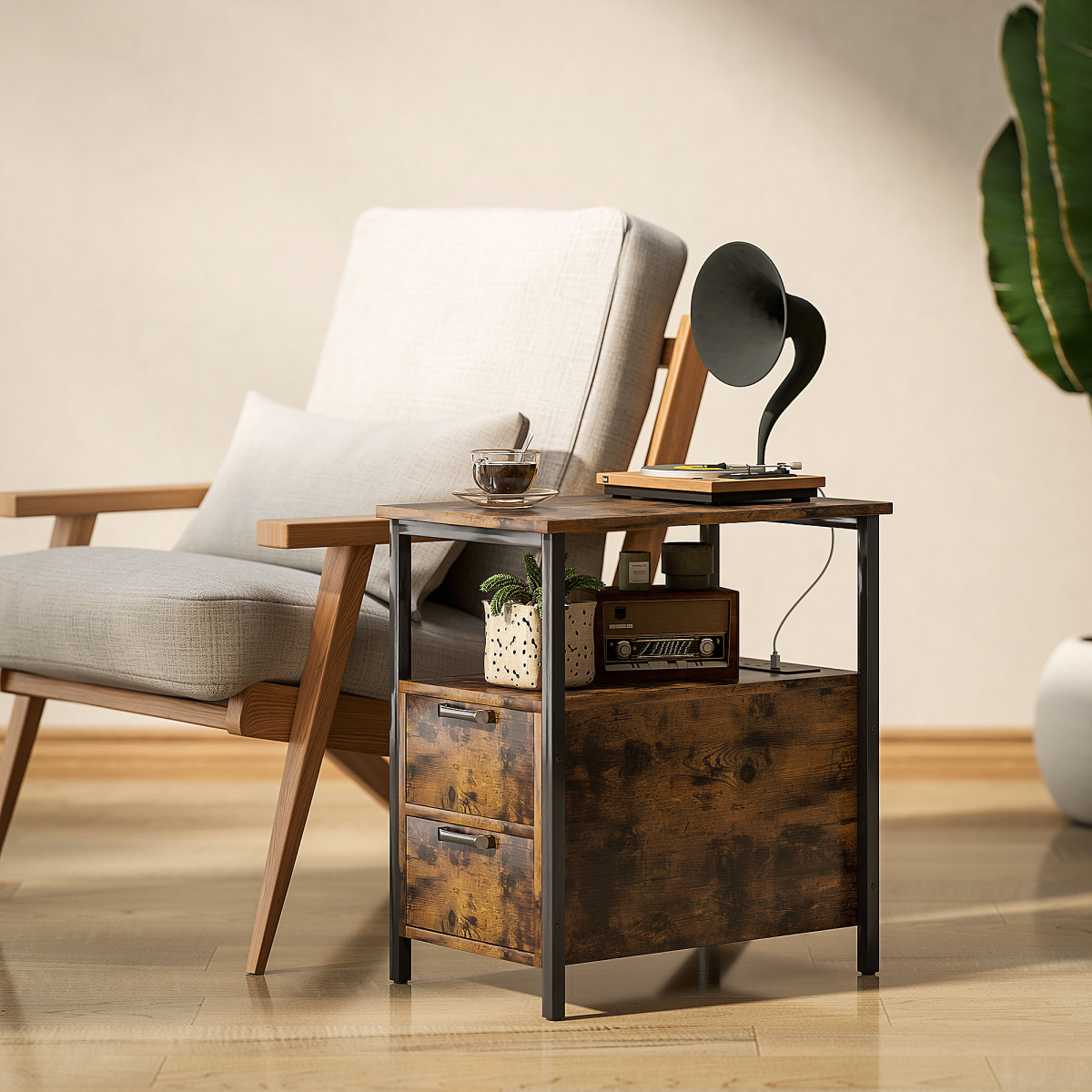 HOMCOM Nightstand with Charging Station, 2 Drawers, Rustic Brown