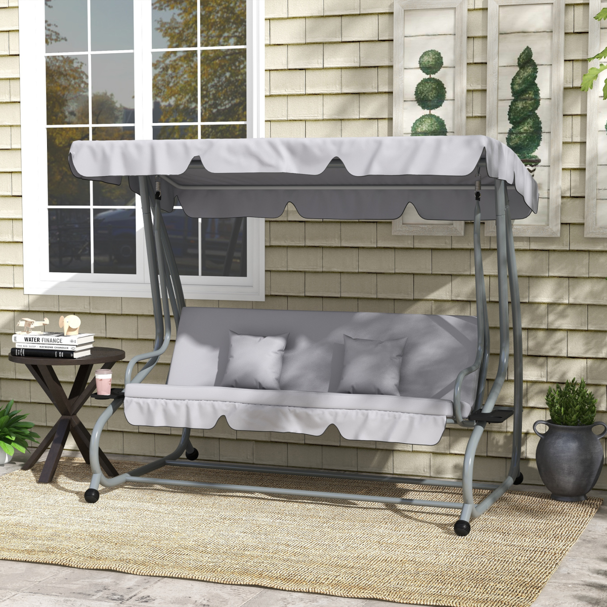 Outsunny 2-in-1 3-Seater Garden Swing Chair with Adjustable Canopy, Grey
