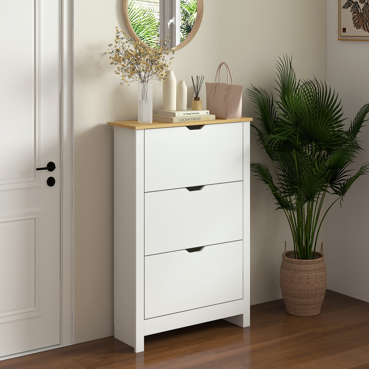 HOMCOM 18-Pair Shoe Storage Cabinet with 3 Drawers, 6 Shelves, White