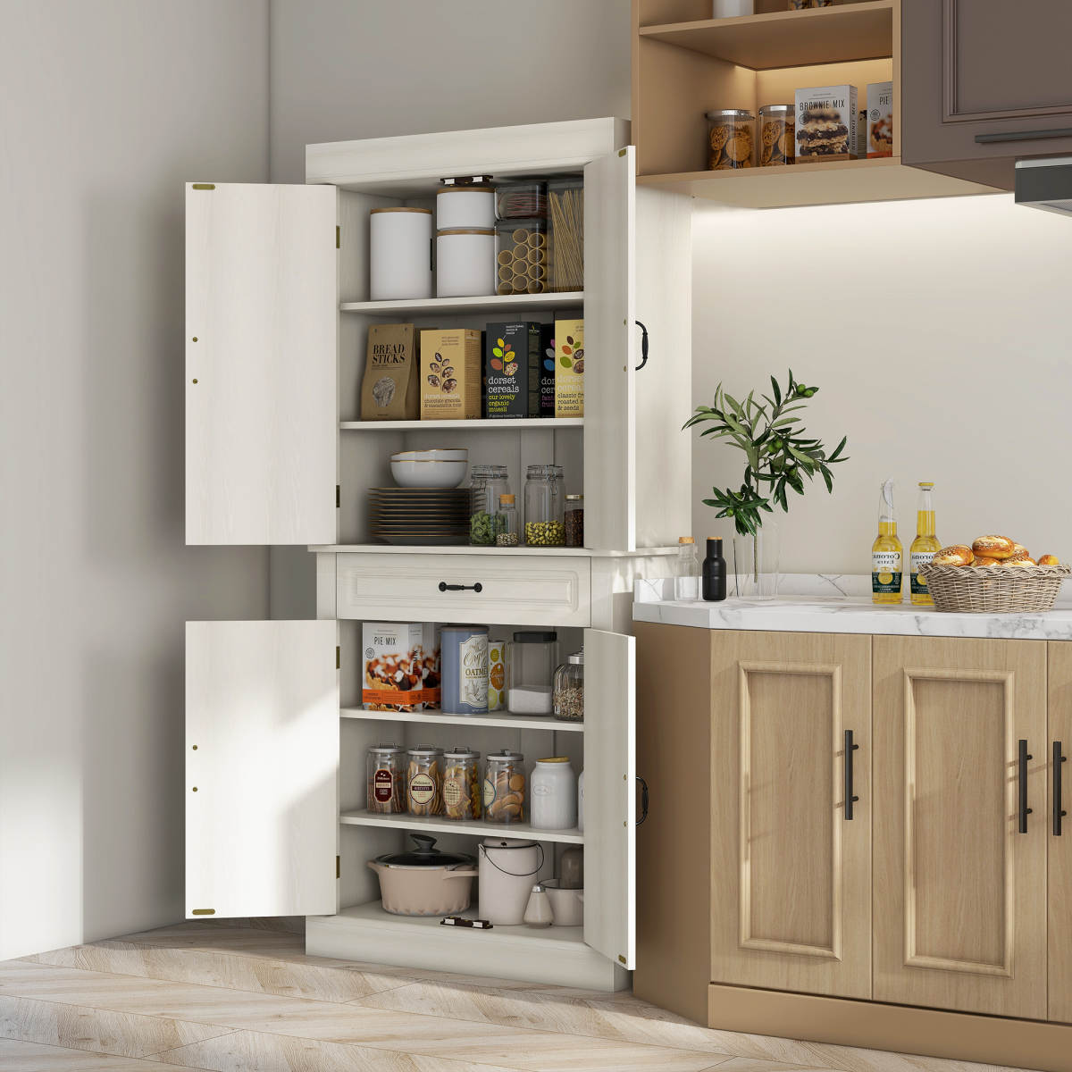 HOMCOM 180cm White Kitchen Pantry Storage Cabinet with Drawer and Double Doors