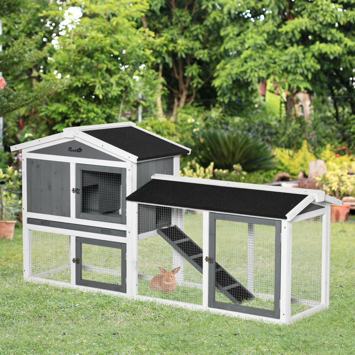 PawHut Two-Tier Wooden Rabbit Hutch with Run Box, Slide-Out Tray, Ramp, Outdoor Small Animal House