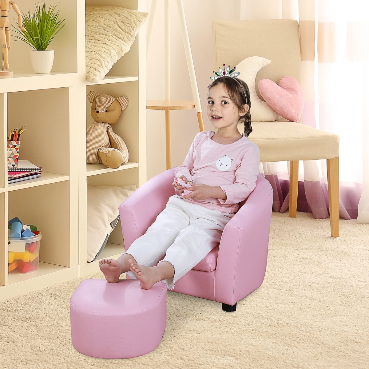 HOMCOM Kids Mini Sofa with Ottoman, Pink Children Armchair