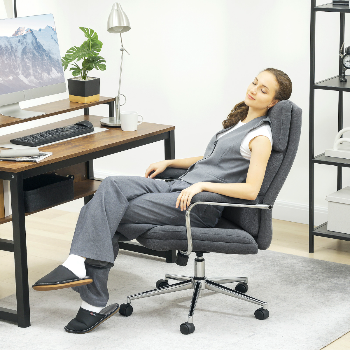 HOMCOM Linen-Fabric Office Desk Chair with Tilt, Charcoal Grey