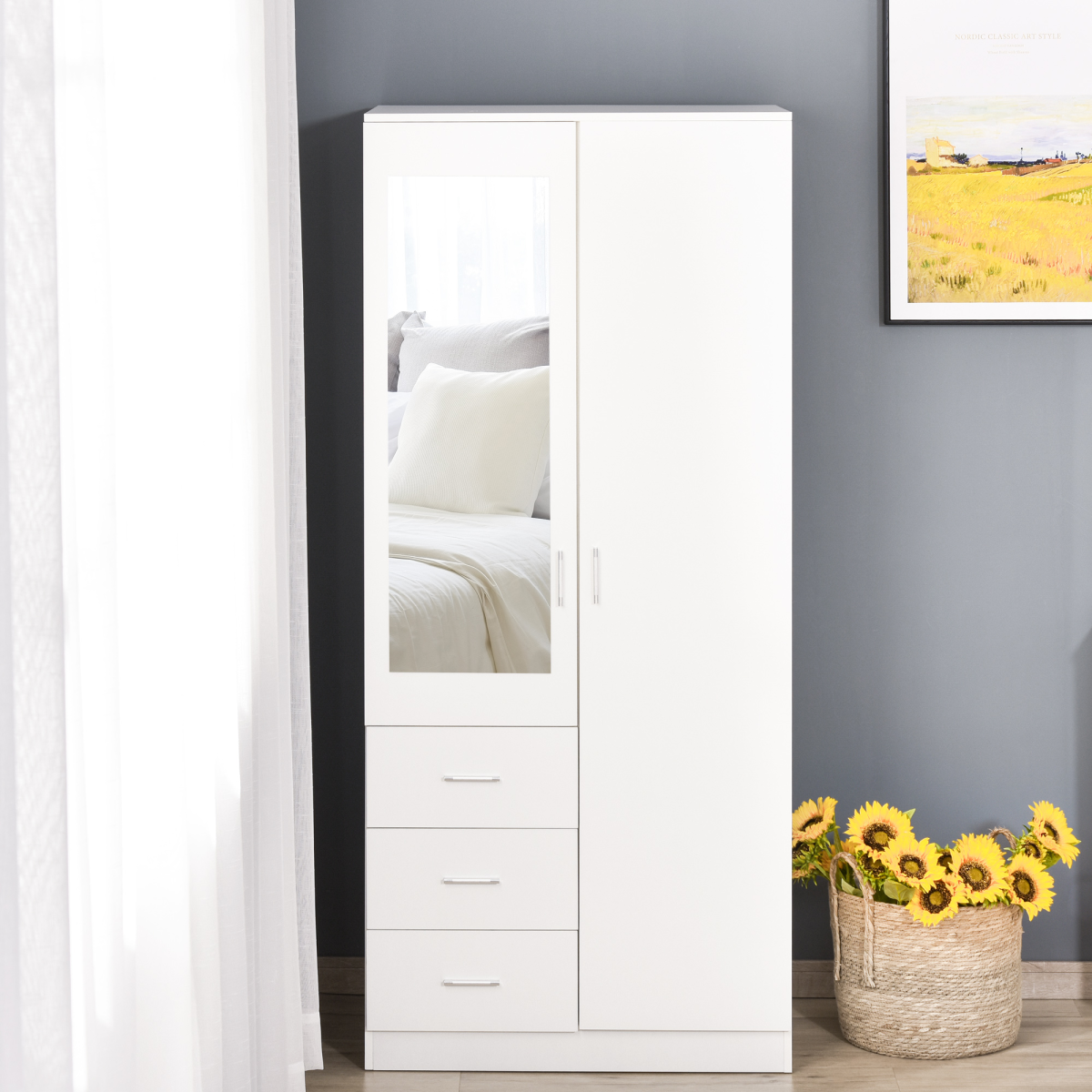 White 2-Door Wardrobe with Mirror, 3 Drawers, Shelves & Rail