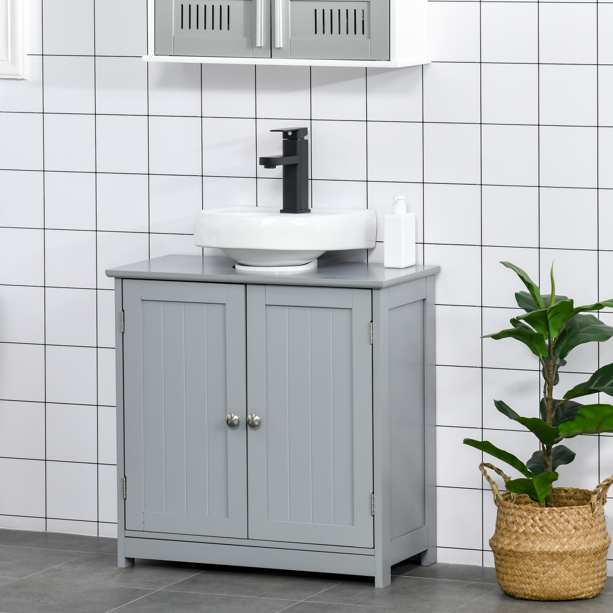 kleankin Under Sink Storage Cabinet 60 x 60cm Adjustable Shelf U-Shaped Pipe Cut-Out Grey