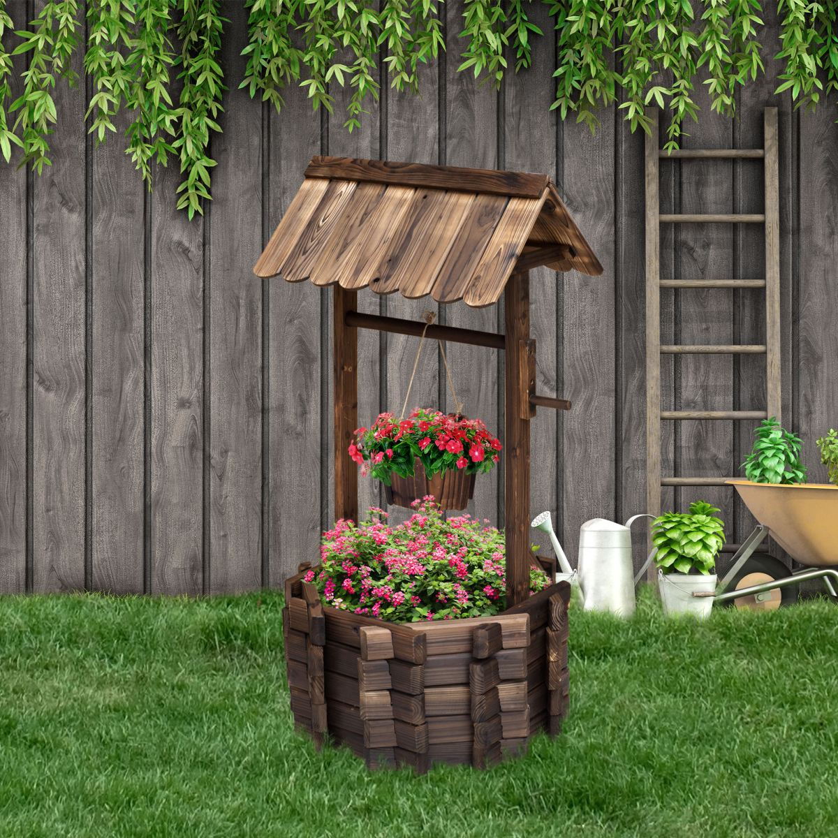 Outsunny Wishing Well Planter Bucket, Brown, 60 x 55 x 114 cm