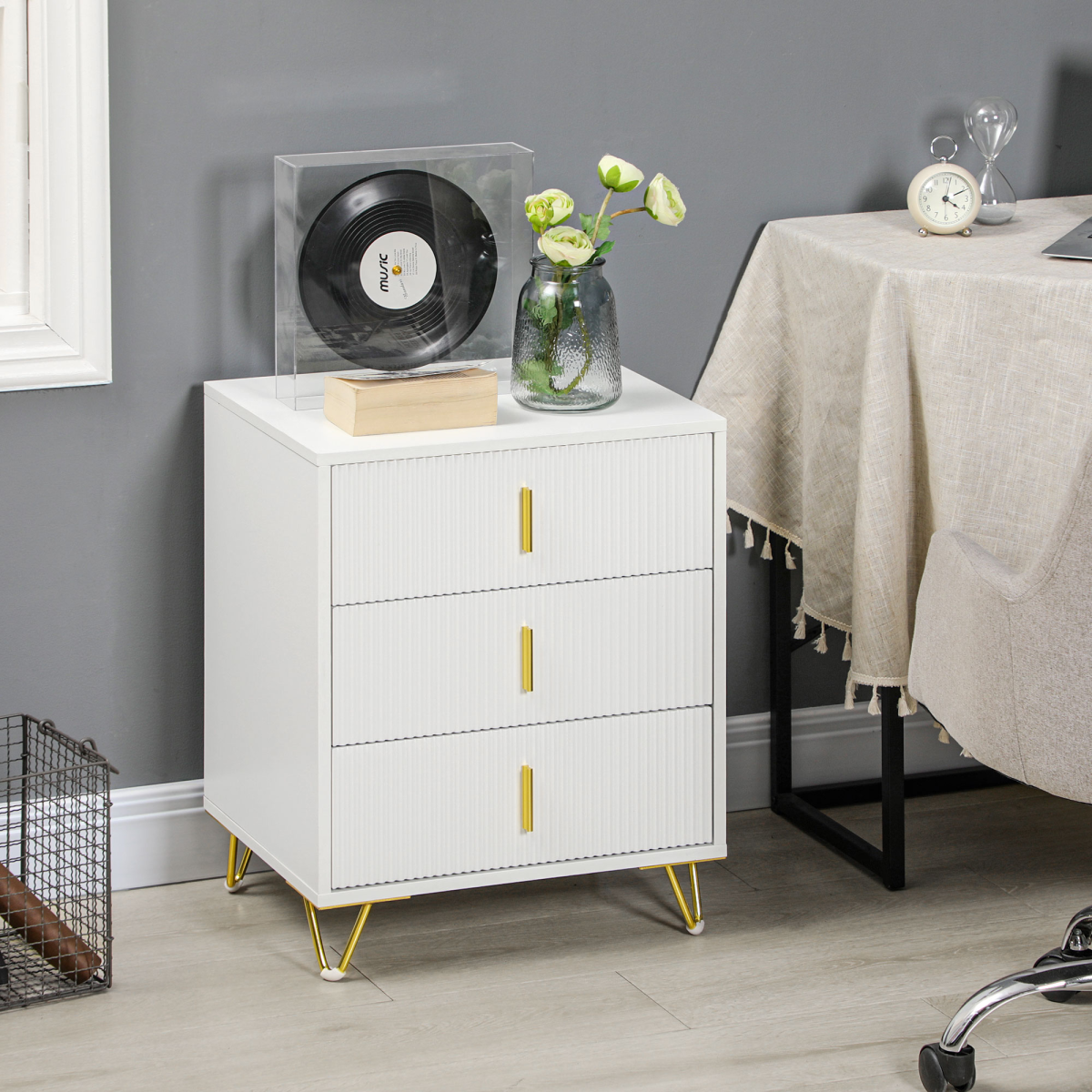 HOMCOM 3-Drawer White Chest of Drawers with Gold Accents