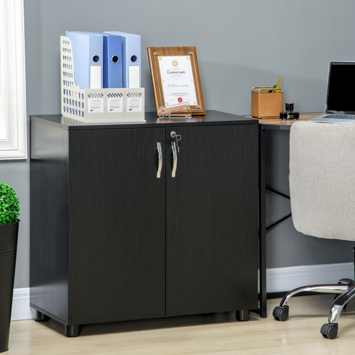 2-Tier Locking Office Storage Cabinet File Organisation with 2 Keys, Black