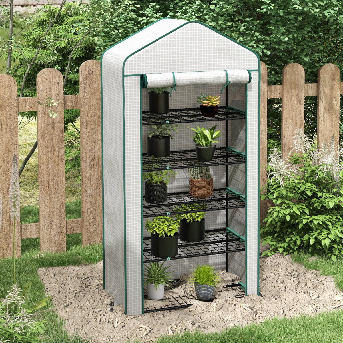 Outsunny 5-Tier Mini Greenhouse with Wide Roll-Up Door, White, 90 x 49 x 193 cm