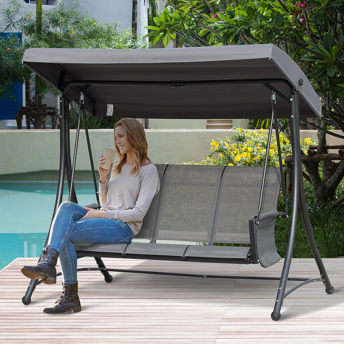 Metal 3-Seater Patio Swing Chair with Adjustable Canopy
