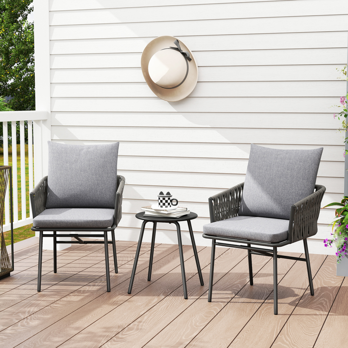 Outsunny Grey Rattan Bistro Set with Table and 4 Cushions