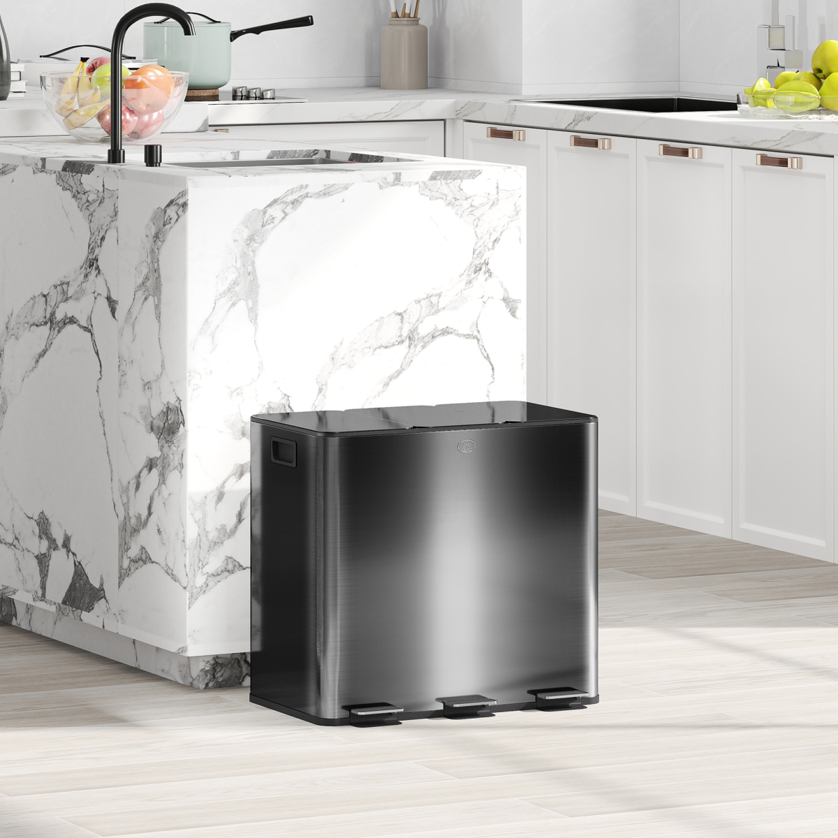 HOMCOM 3 x 15L Triple Kitchen Pedal Bin for Recycling & Waste, Black