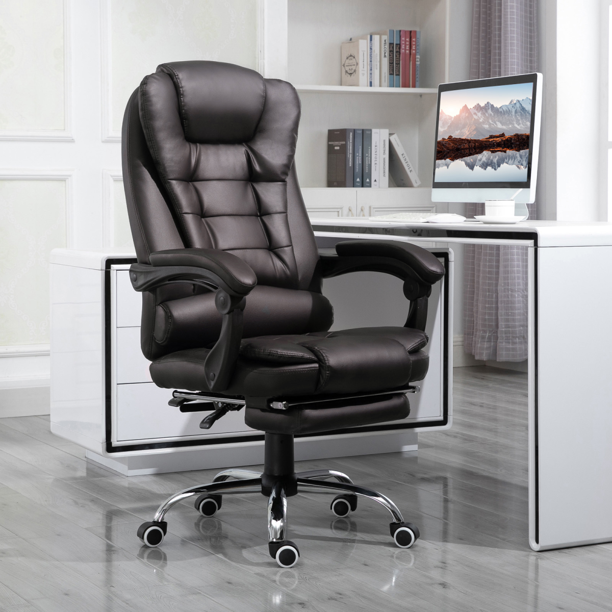High Back Executive Office Chair with Reclining Backrest, Retractable Footrest, Swivel Wheels, Brown