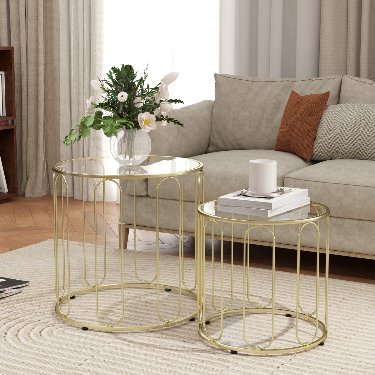 HOMCOM Set of 2 Nesting Coffee Tables with Glass Tops, Gold Tone